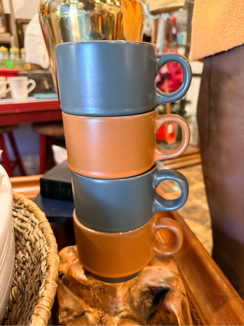 Fall Stackable Burnt orange and green Ceramic Coffee Mugs - Set of 4